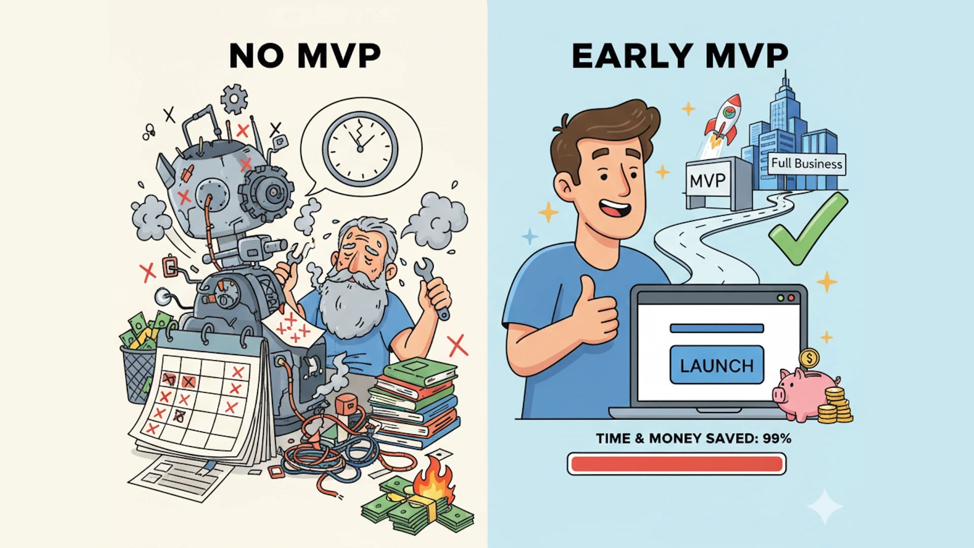 Cartoon old man and young man making an MVP