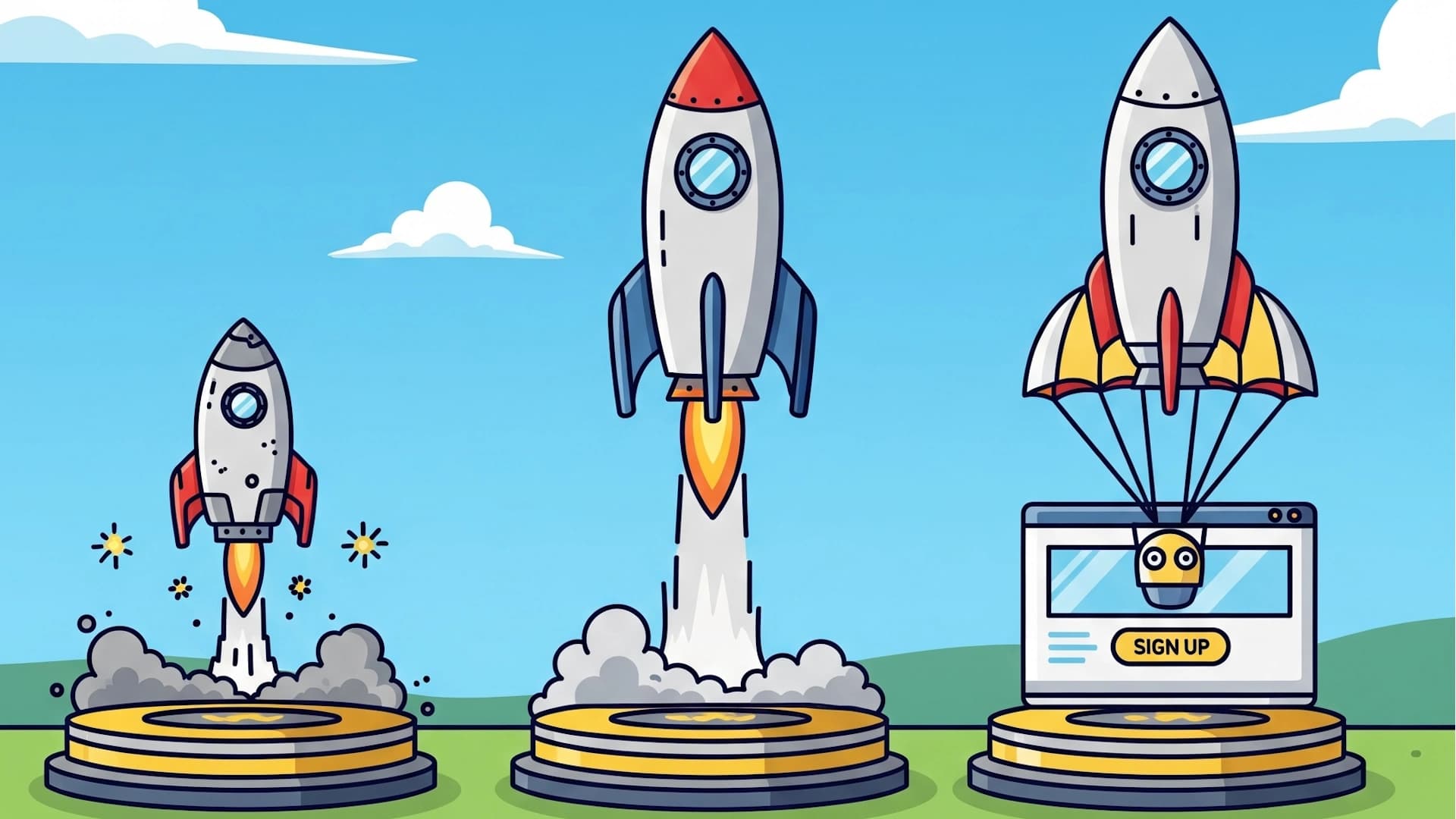 Cartoon rockets representing different options for a business